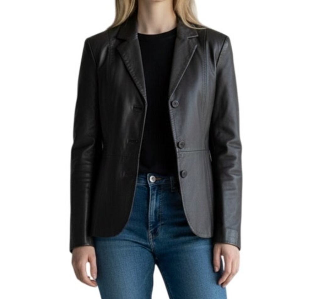 Women's Small Solid Black Leather Button-Up Blazer Jacket